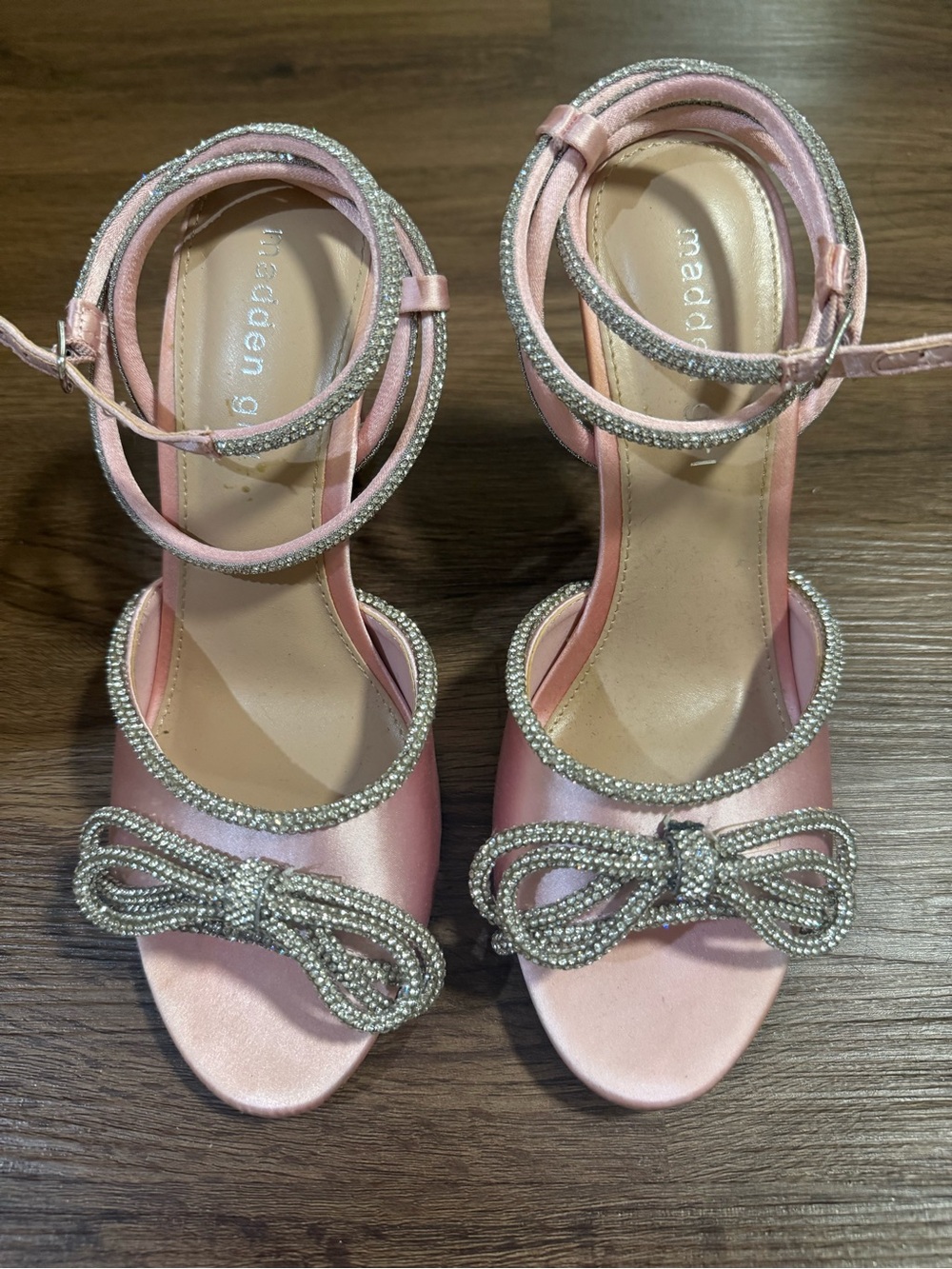 Madden Girl Pink Satin Ankle-Strap Heels with Crystal Bow